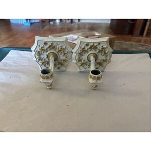 Vintage Cast Metal Rococo Regency Ornate Candle Holder Wall Sconces White Gold
